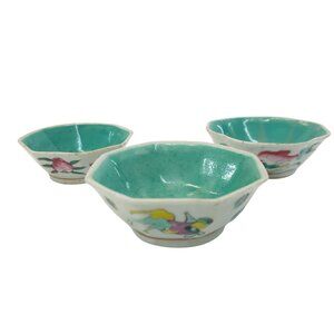Small Chinese Pottery Bowls Set of 3 Turquoise White Floral Asian Decor 4"